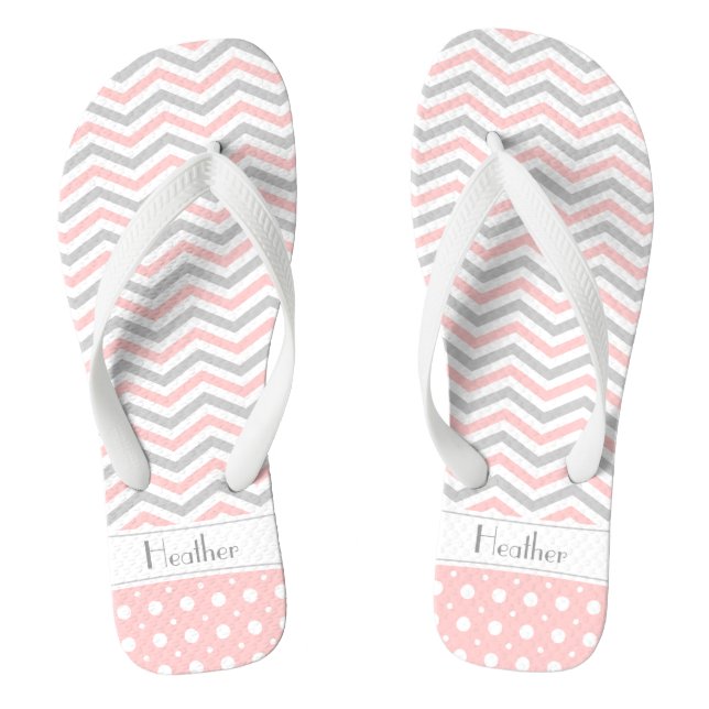Modern pink, grey, white chevron & polka dot thongs (Footbed)