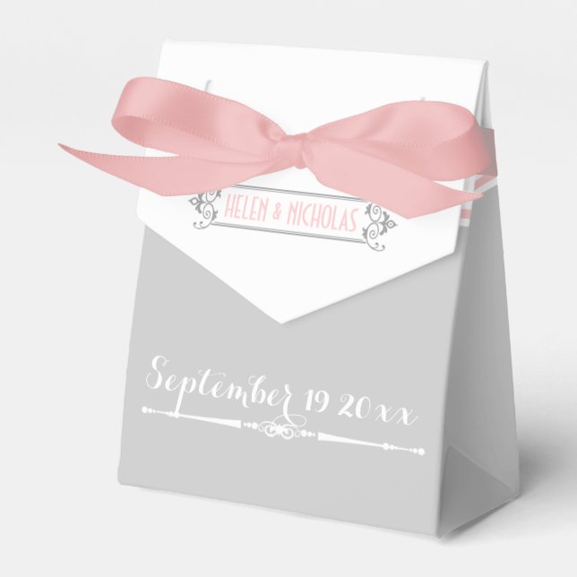 Modern pink, grey, white vintage wedding favour box (Front Side)