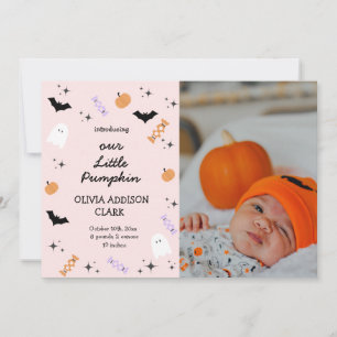 Modern Pink Halloween Little Pumpkin Birth Announcement