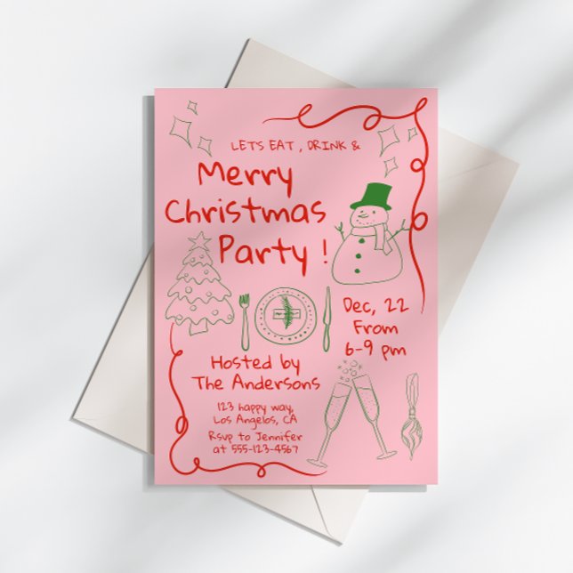 Modern pink Hand-Drawn Christmas Party  Invitation (Creator Uploaded)