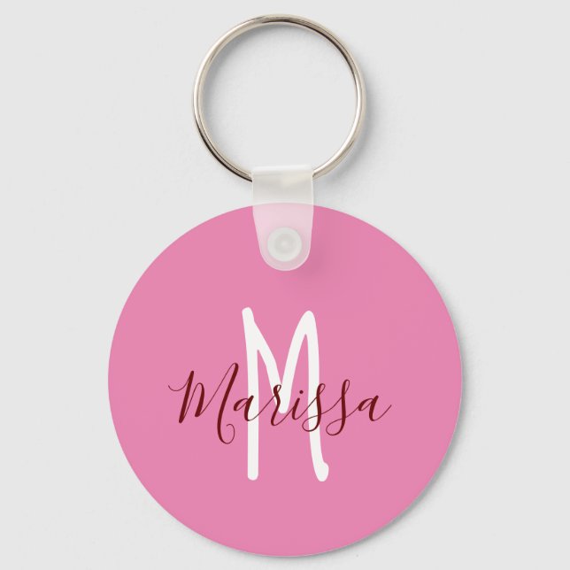 Modern Pink Hand Lettered Name & Monogram Key Ring (Front)