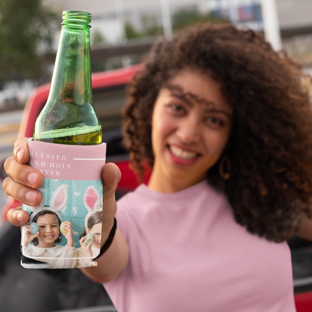 Modern Pink Happy Blessed Easter | Photo Gift Can Cooler (Creator Uploaded)