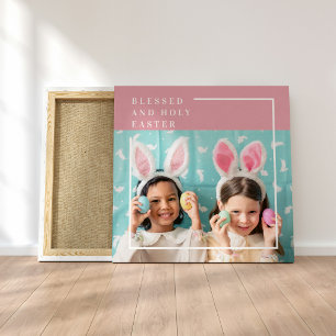Modern Pink Happy Blessed Easter   Photo Gift Canvas Print