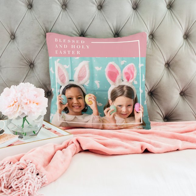Modern Pink Happy Blessed Easter | Photo Gift Cushion (Creator Uploaded)