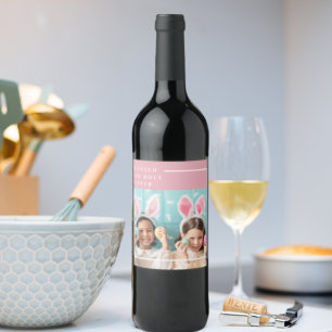 Modern Pink Happy Blessed Easter   Photo Gift Wine Label