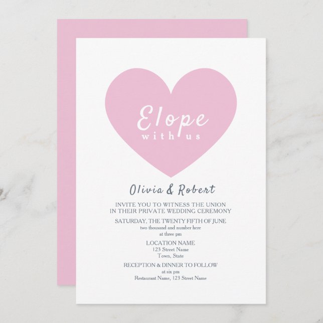 Modern Pink Heart Elopement Wedding Invitation (Front/Back)