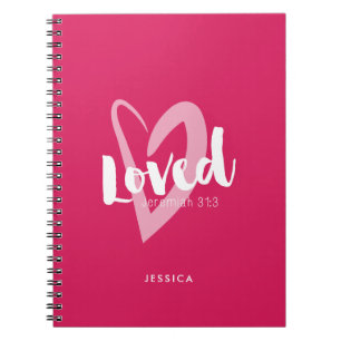Modern Pink Heart Loved Bible Verse Notebook