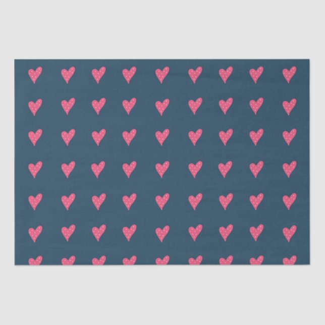Modern Pink Heart Pattern on Dark Blue  Tissue Paper (Front)
