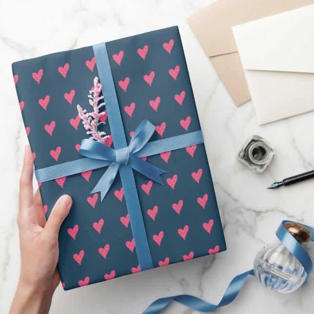 Modern Pink Heart Pattern on Dark Blue Wrapping Paper (Gifting)