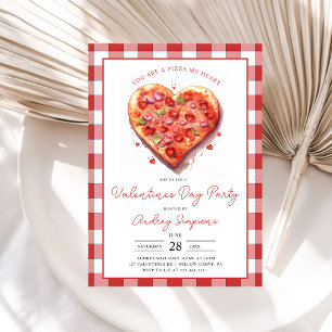 Modern Pink Heart Pizza Plaid Valentines Party Invitation