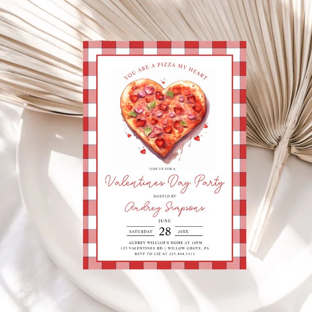 Modern Pink Heart Pizza Plaid Valentines Party Invitation (Creator Uploaded)