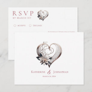 Modern Pink Heart with Flowers-RSVP-Wedding- Postcard