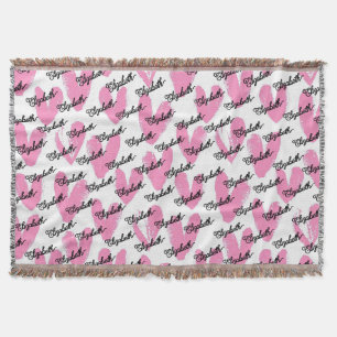 Modern pink hearts watercolor text calligraphy  throw blanket