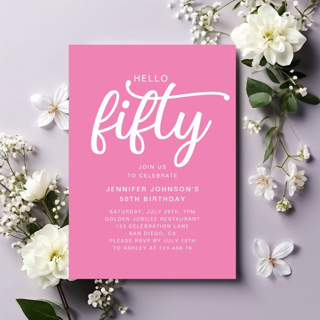 Modern Pink Hello 50th Birthday Invitation (Modern Pink Hello 50th Birthday Invitation)