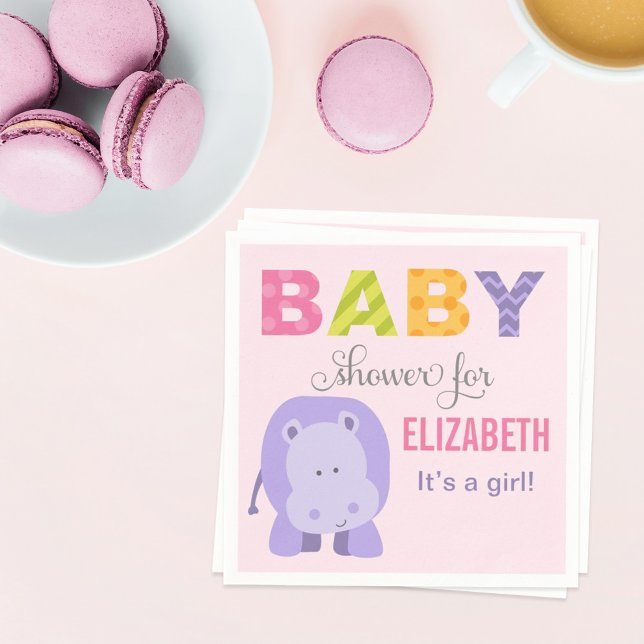 Modern Pink Hippo Jungle Animal Girl Baby Shower Napkin (Creator Uploaded)