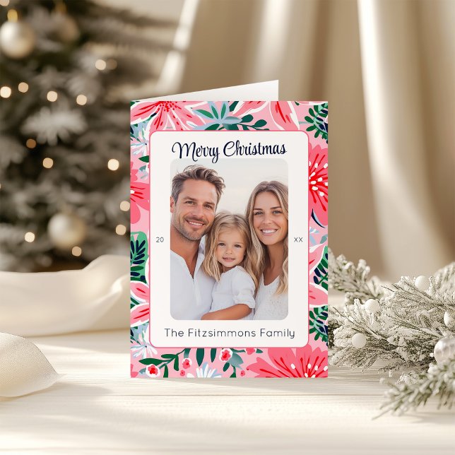 Modern Pink Holiday Floral Photo Card (Pink Tropical Floral Folded  Christmas Card)