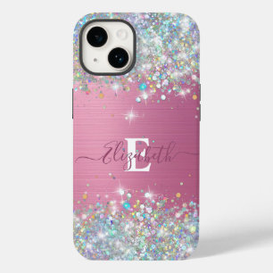 Modern Pink Holographic Faux Glitter Monogram Case-Mate iPhone 14 Case
