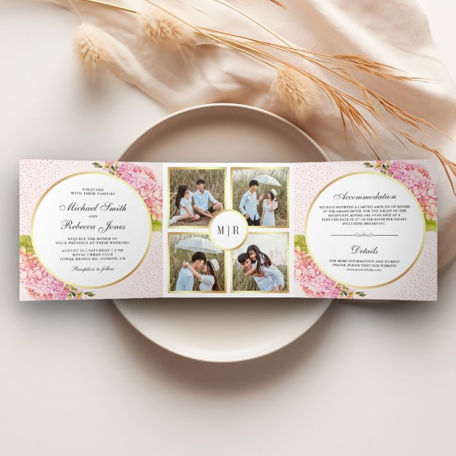 Modern Pink Hydrangea Floral Photo Collage Wedding Tri-Fold Invitation (Creator Uploaded)