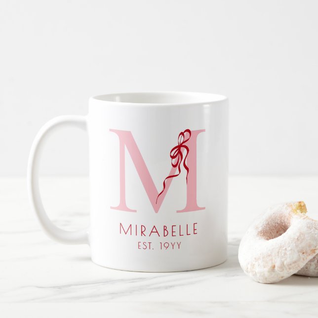 Modern Pink Initial Chic Red Bow Girly Monogram Coffee Mug (With Donut)