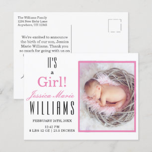 Modern Pink It's a Girl! Baby Birth Announcement  Postcard