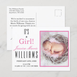 Modern Pink It's a Girl! Baby Birth Announcement  Postcard