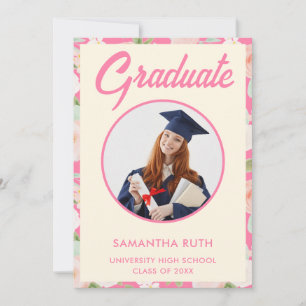 Modern Pink Ivory Floral Photo Graduation Announcement