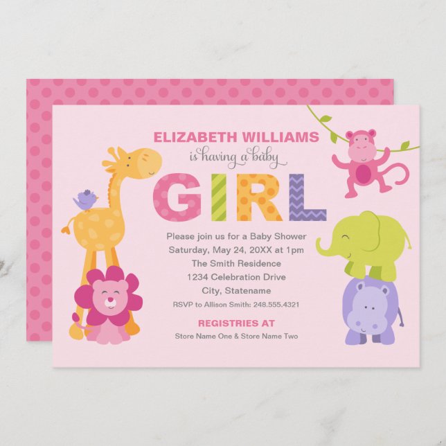Modern Pink Jungle Animals Girl Baby Shower Invitation (Front/Back)
