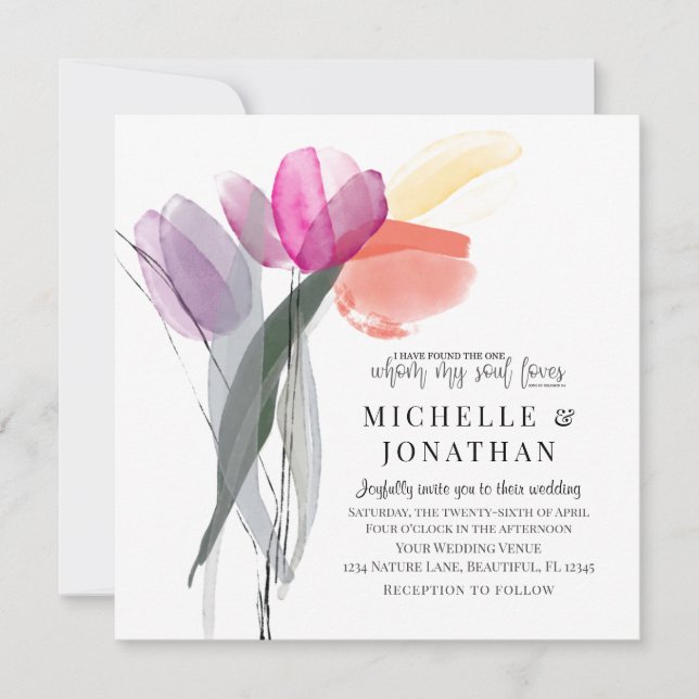 Modern Pink Lavender Tulips Christian Wedding Invitation (Front)