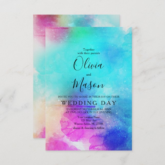 Modern Pink Leaf Watercolor Wedding Invitation (Front/Back)