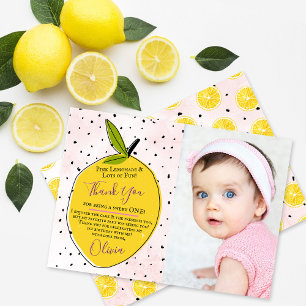 Modern Pink Lemonade 1st Birthday Photo Thank You Card