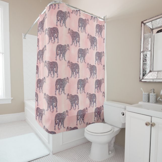 Modern Pink Leopard Animal Pattern Shower Curtain (In Situ)