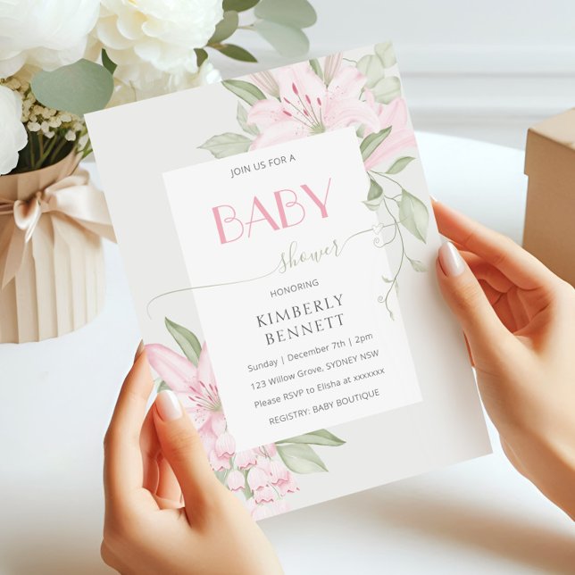 Modern Pink Lily Green Leaves Baby Shower Invitation (Creator Uploaded)
