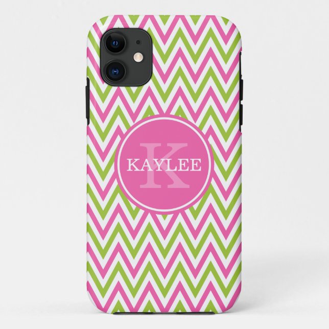 Modern Pink Lime Green Chevron & Monogram Case-Mate iPhone Case (Back)