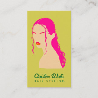 Modern Pink Lime Green Hair Styling Flat Design QR Business Card