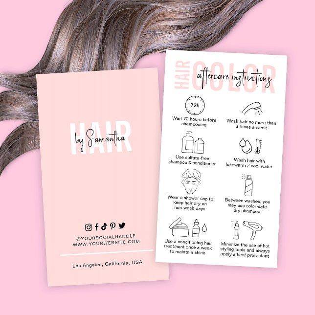 Modern Pink Logo Hair Colour Aftercare Instruction Business Card (Feminine hair color aftercare instructions cards in blush pink and white with hair care icons)
