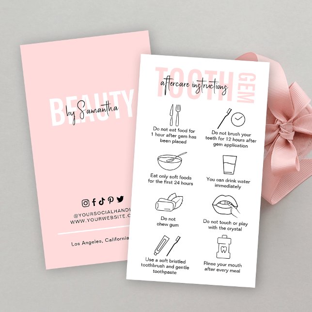Modern Pink Logo Tooth Gem Aftercare Instructions Business Card (Creator Uploaded)