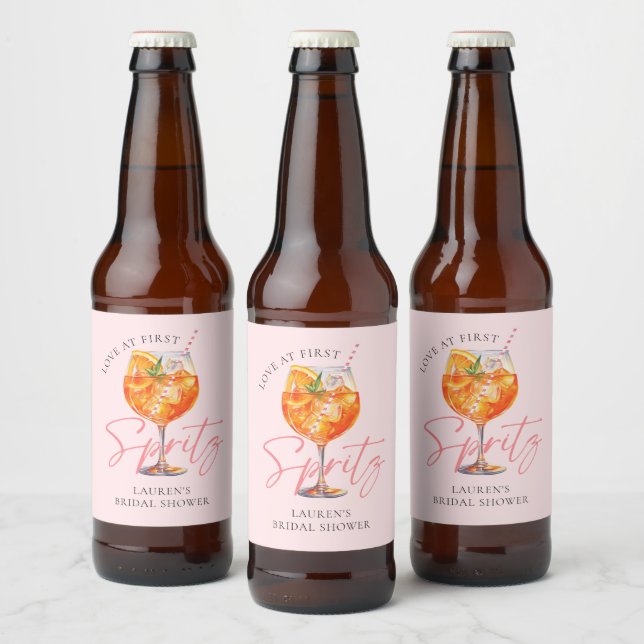 Modern Pink Love at First Spritz Bridal Shower Beer Bottle Label (Bottles)