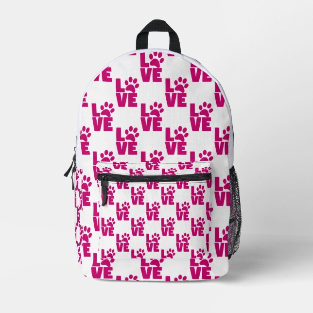 Modern Pink "LOVE" Paw Print Backpack (Front)