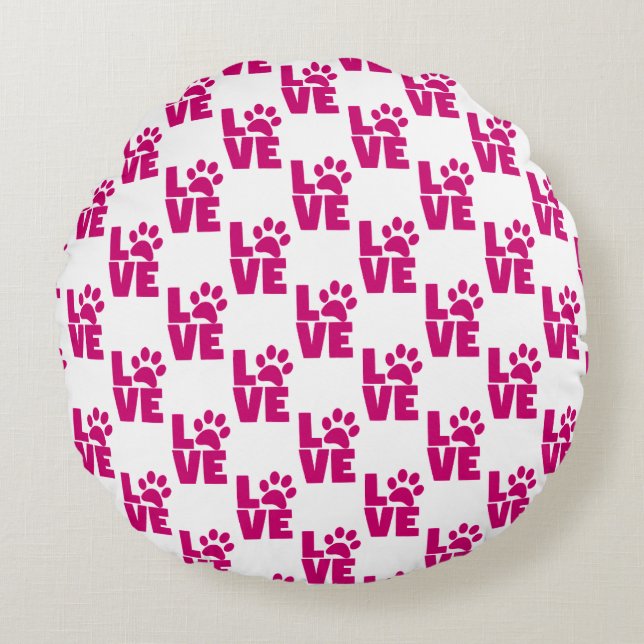 Modern Pink "LOVE" Paw Print Throw Pillow (Front)