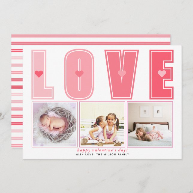 Modern pink LOVE Valentines Day hearts photo Holiday Card (Front/Back)