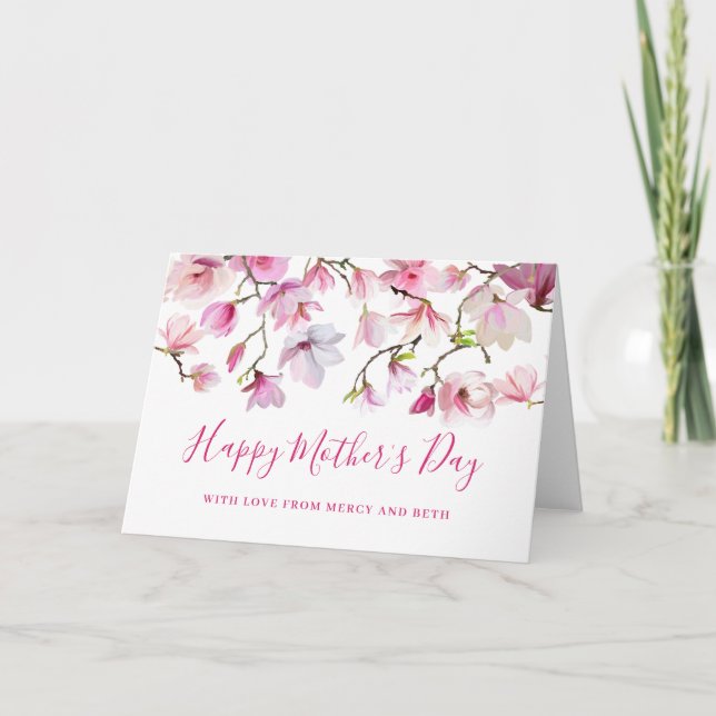 Modern Pink Magnolia Floral Happy Mothers Day Card (Front)