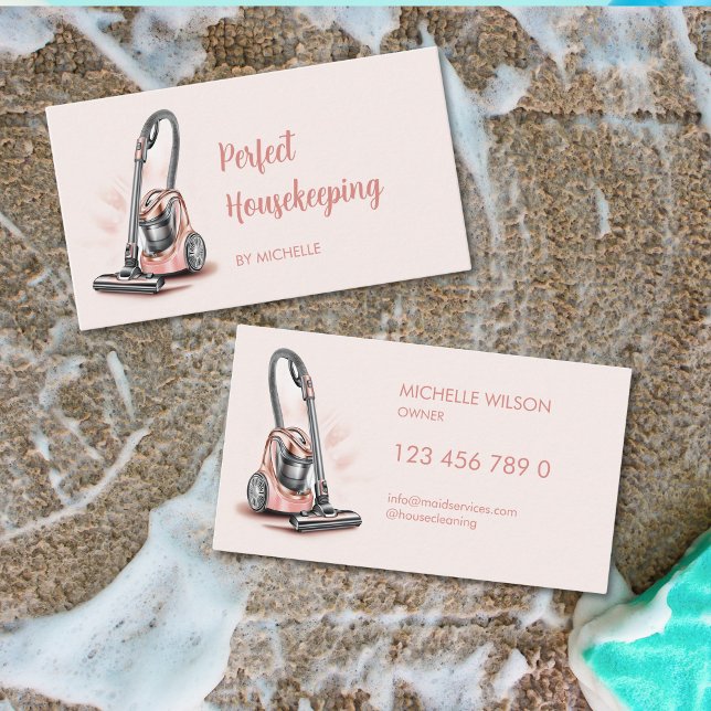 Modern Pink Maid Cleaning Housekeeping Services Business Card (pink vacuum cleaner)