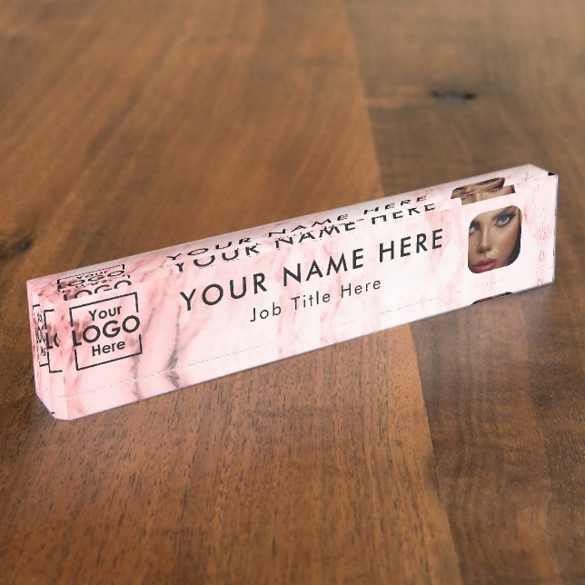 Modern Pink Marble Business Logo Photo Beauty  Nameplate (Side)