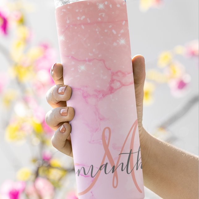 Modern Pink Marble & Glitter Sparkles  Name Thermal Tumbler (Creator Uploaded)