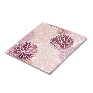 Modern Pink Maroon Dahlia Floral Ceramic Tile