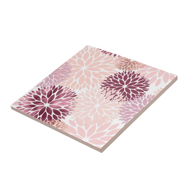Modern Pink Maroon Dahlia Floral Ceramic Tile (Side)