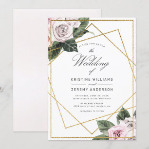 Modern Pink Mauve Rose Floral Gold Frame Wedding I Invitation