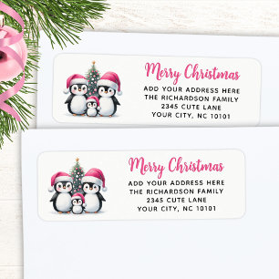 Modern Pink Merry Christmas Cute Penguins Family Return Address Label