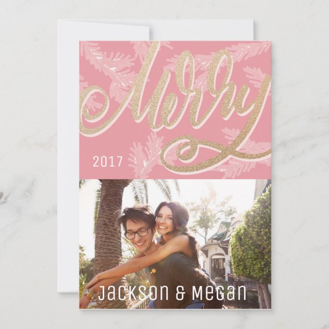 Modern Pink Merry Script Faux Gold Holiday Photo Card (Front)