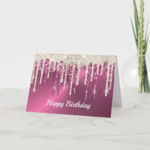 Modern Pink Metal Beige Glitter Drips Birthday Card